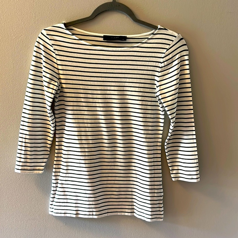 Hallhuber boat neck 3/4 sleeve top (size XS) white with moss green stripes